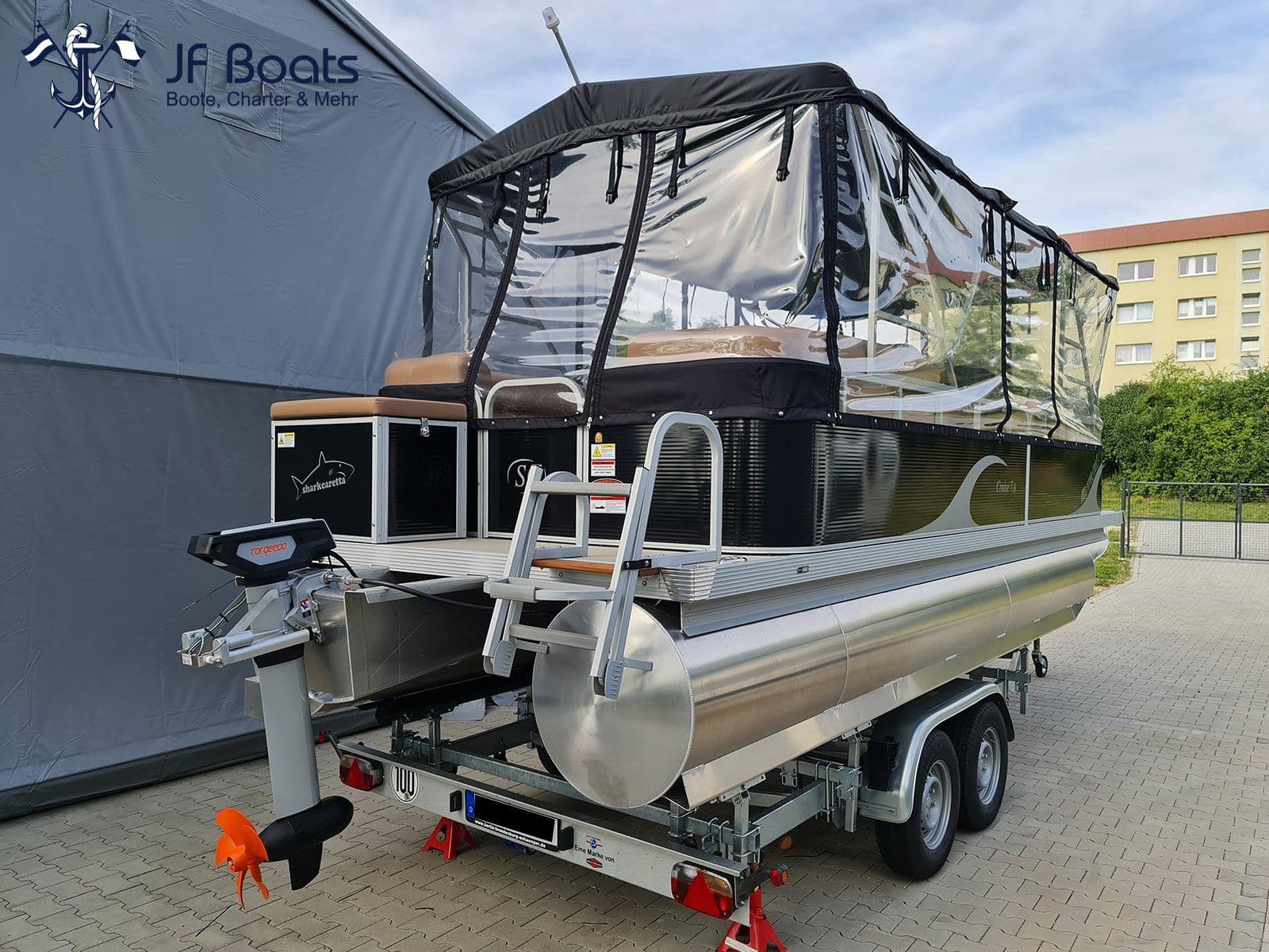 JF Boats SC7 Ponton Boot Pontoon Boot Partyboot - Außen Black, innen Chocolate Brown – Bild 10